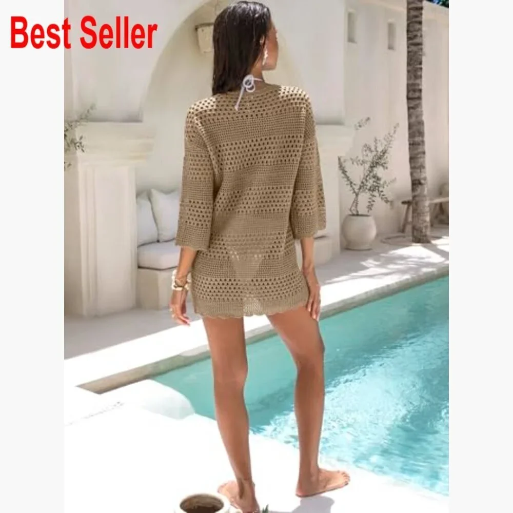 Crochet Mesh Knit Swimsuit Cover Up Mini Dress 3/4 Sleeve